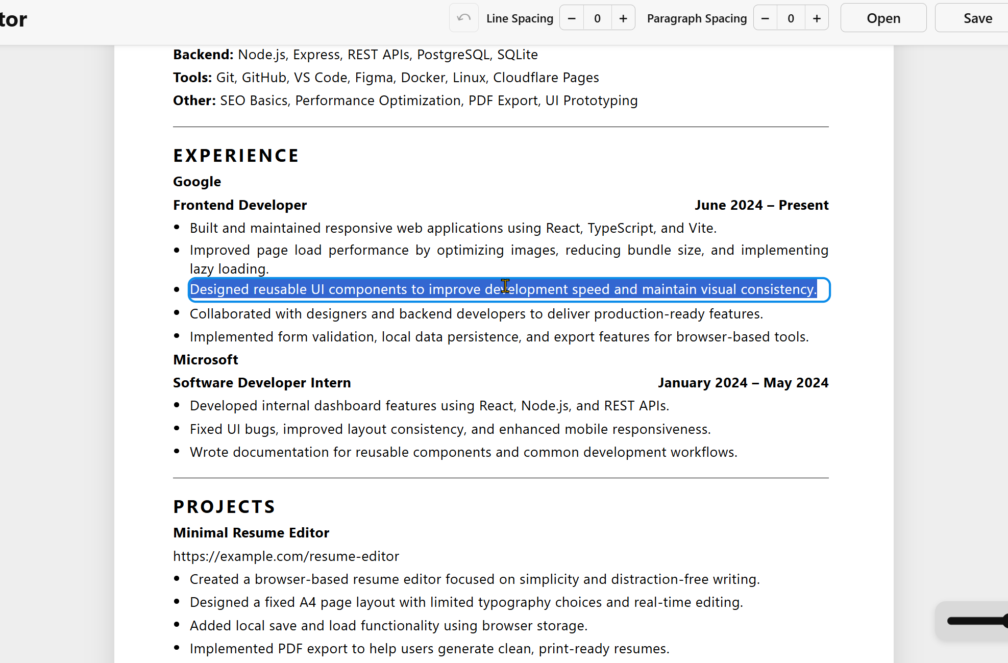 Editing resume content in LeanCV