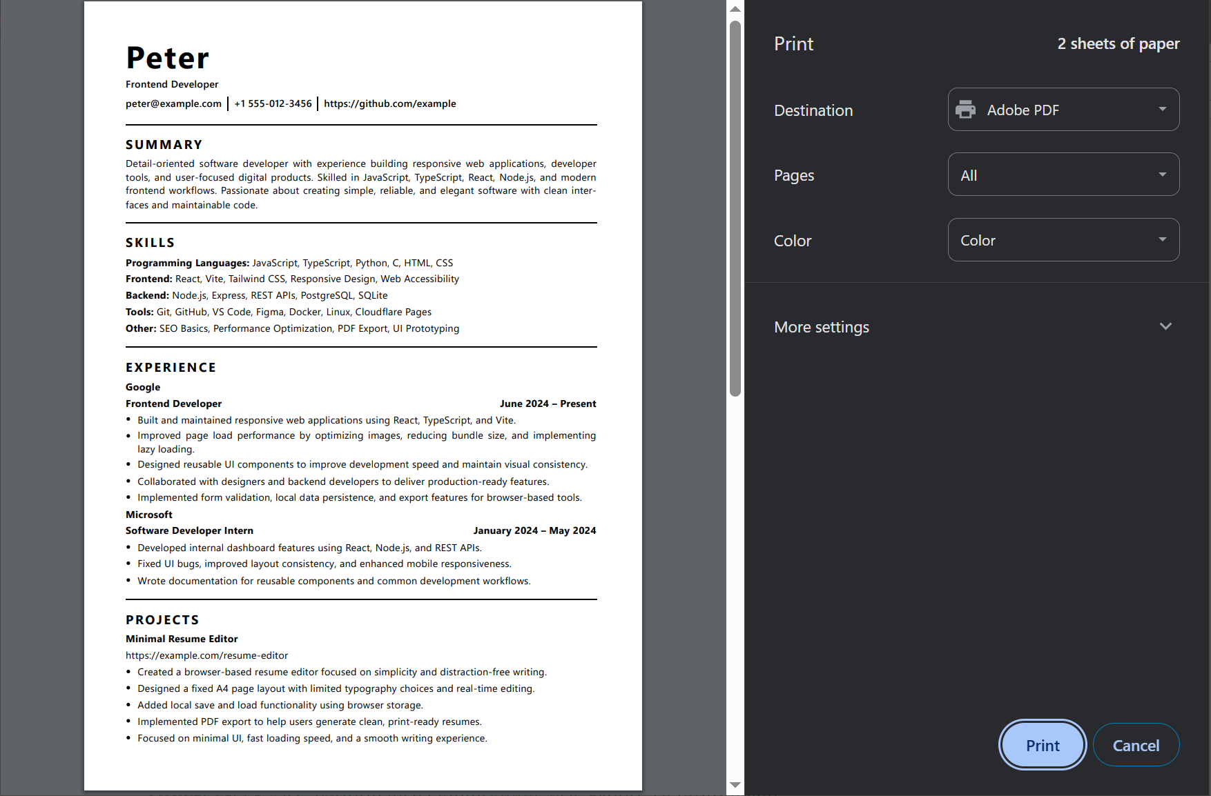 Exporting a LeanCV resume as PDF